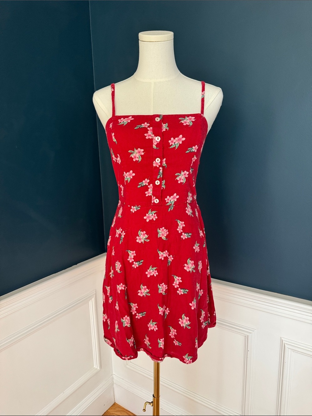 Hollister Red Floral Linen Button-Front Mini Dress